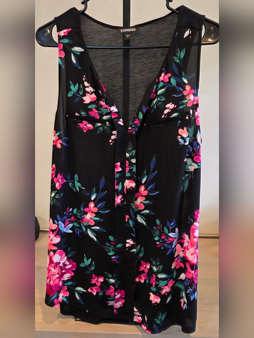 Express Black Floral V-Neck Tank - Pink & Green Blooms